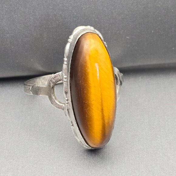 VTG 10k GF Sterling Silver Tigers Eye Ring Size 7.5 Split Shank Signed OR - Picture 1 of 13
